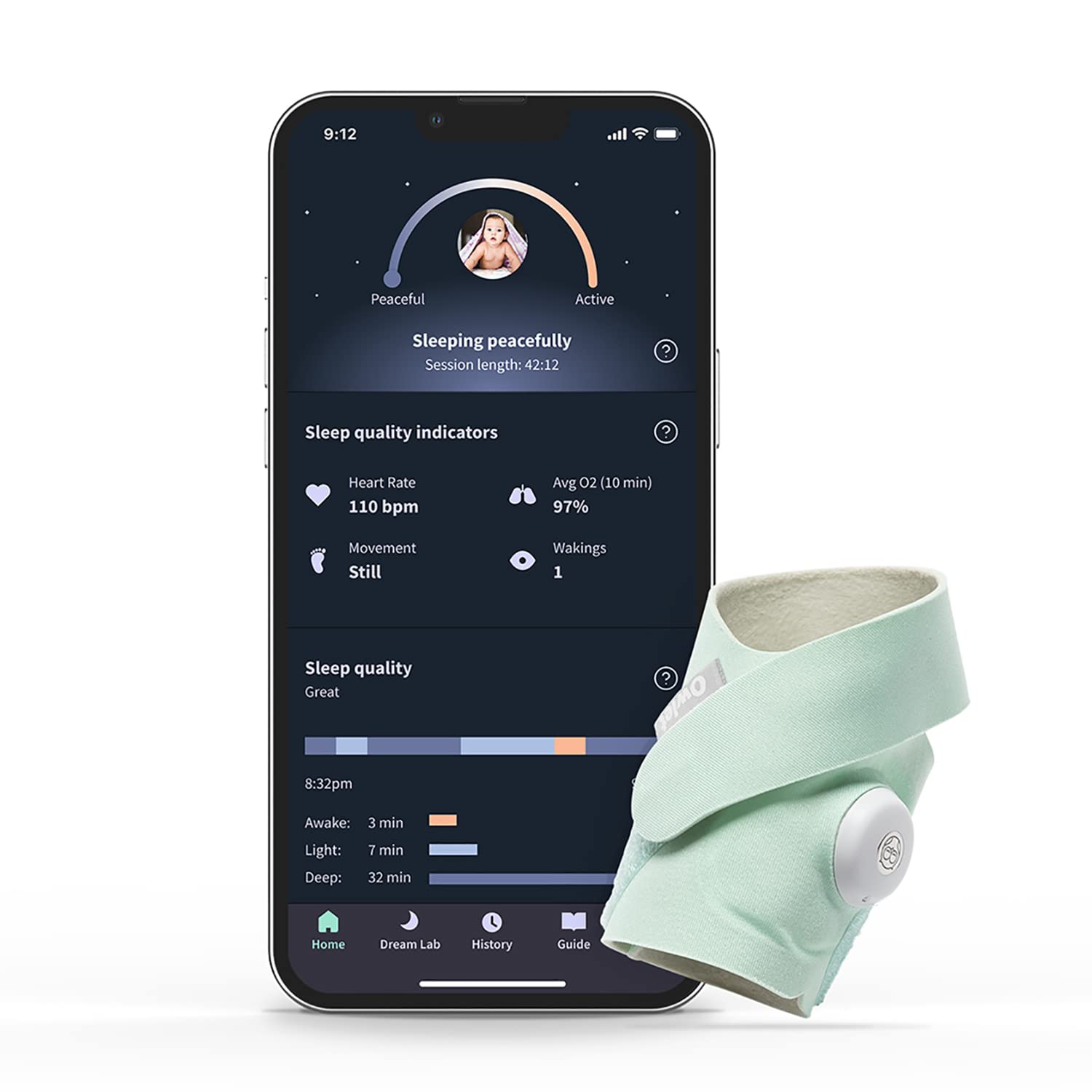230816040407256_1 Owlet Dream Sock - Smart Baby Monitor View Heart Rate and Average Oxygen O2 as Sleep Quality Indicators. Wakings, Movement, and Sleep State. Digital Sleep Coach and Sleep Assist Prompts - Mint - Image 1